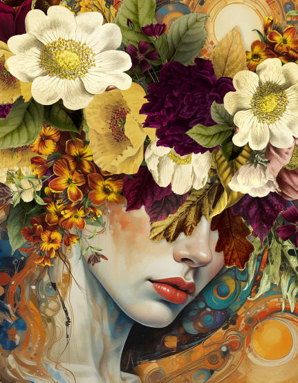 Toni Vigorito Fine Art - High-end Graphic Portrait with Abstract Elements and Floral Composition - London Interior Art