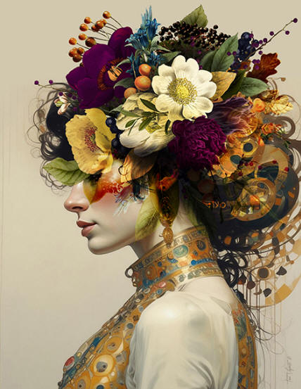 Toni Vigorito Fine Art - High-end Graphic Portrait with Gold Filigree and Floral Composition - London Interior Art