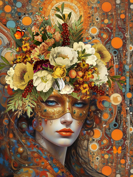 Toni Vigorito Fine Art - High-end Graphic Portrait with Abstract Elements and Floral Composition - London Interior Art