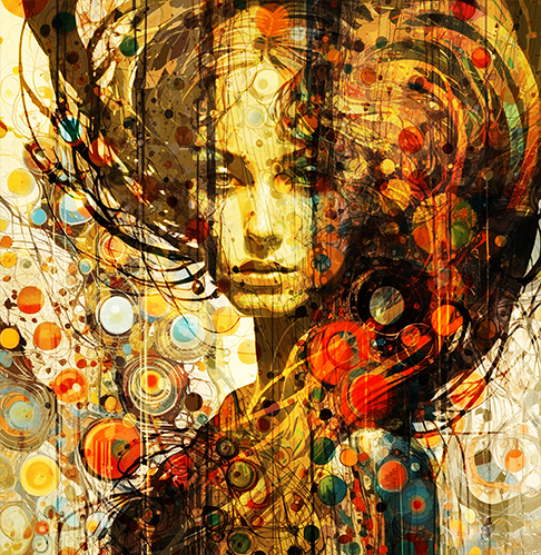 Layers abstract elements with visual portraiture by Toni Vigorito titled Veni Vidi Dici