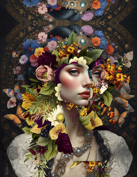 Toni Vigorito Fine Art - High-end Graphic Portrait with Abstract Elements and Floral Composition - London Interior Art